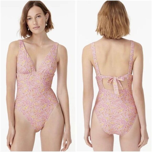 J. Crew Eco Plunge V-Neck One-Piece Swimsuit in Beach Paisley - Picture 1 of 9